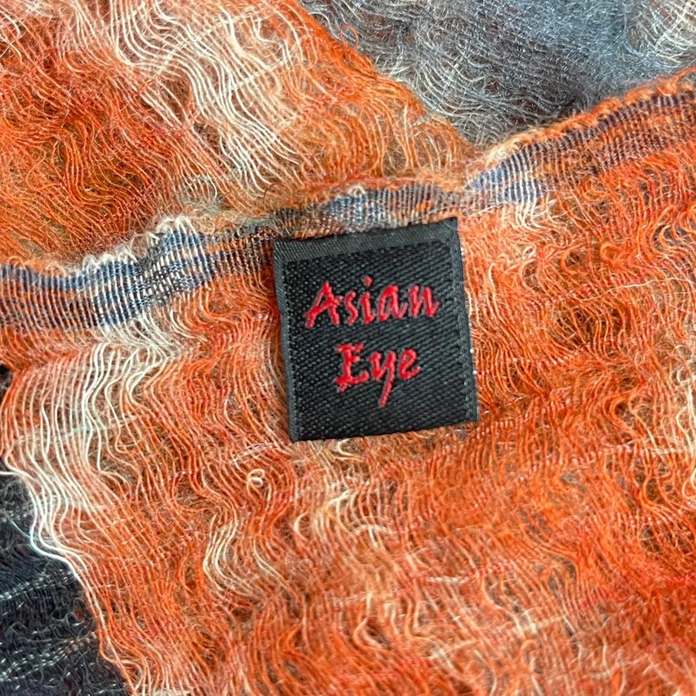 Asian Eye Scarf Women Blue Orange Wool Silk Blend Zig Zag Abstract Sheer Wrap